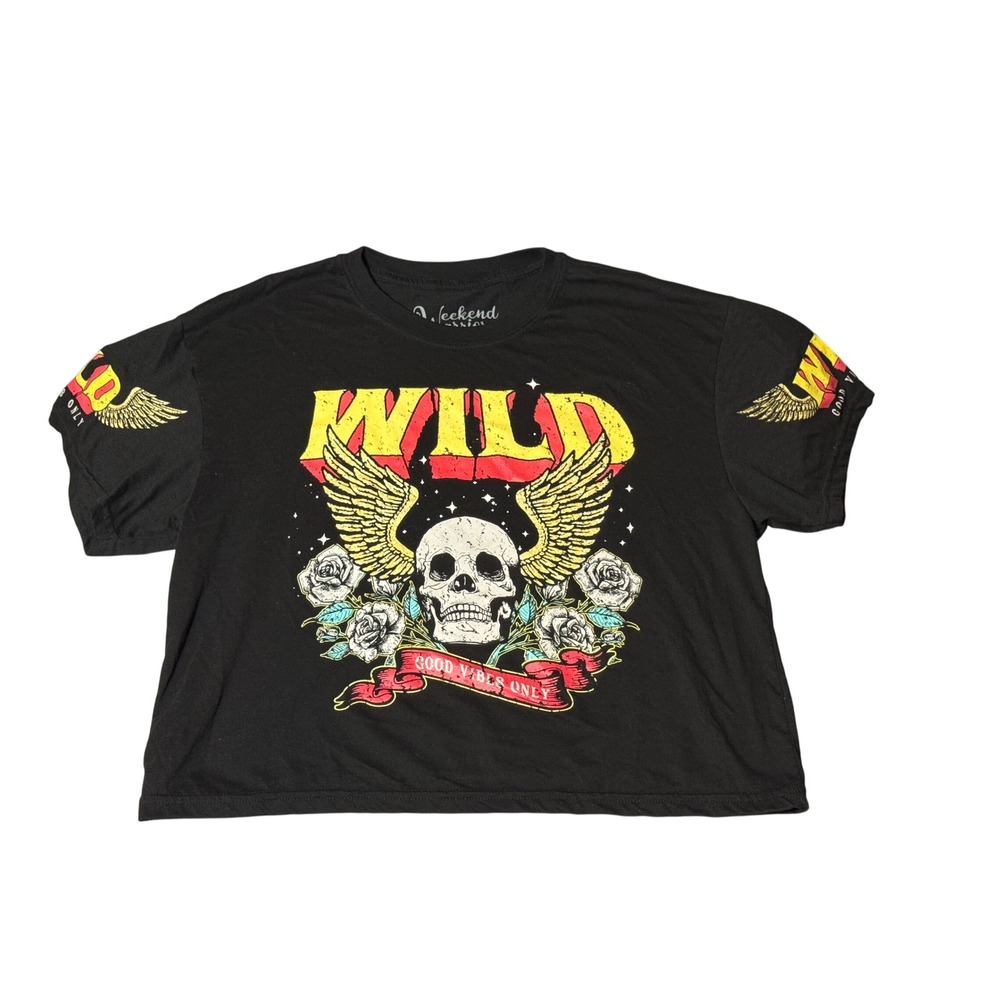 Weekend Warriors Wild Skull Graphic Crop Top Black Medium Good Vibes Only Tee - Picture 1 of 6